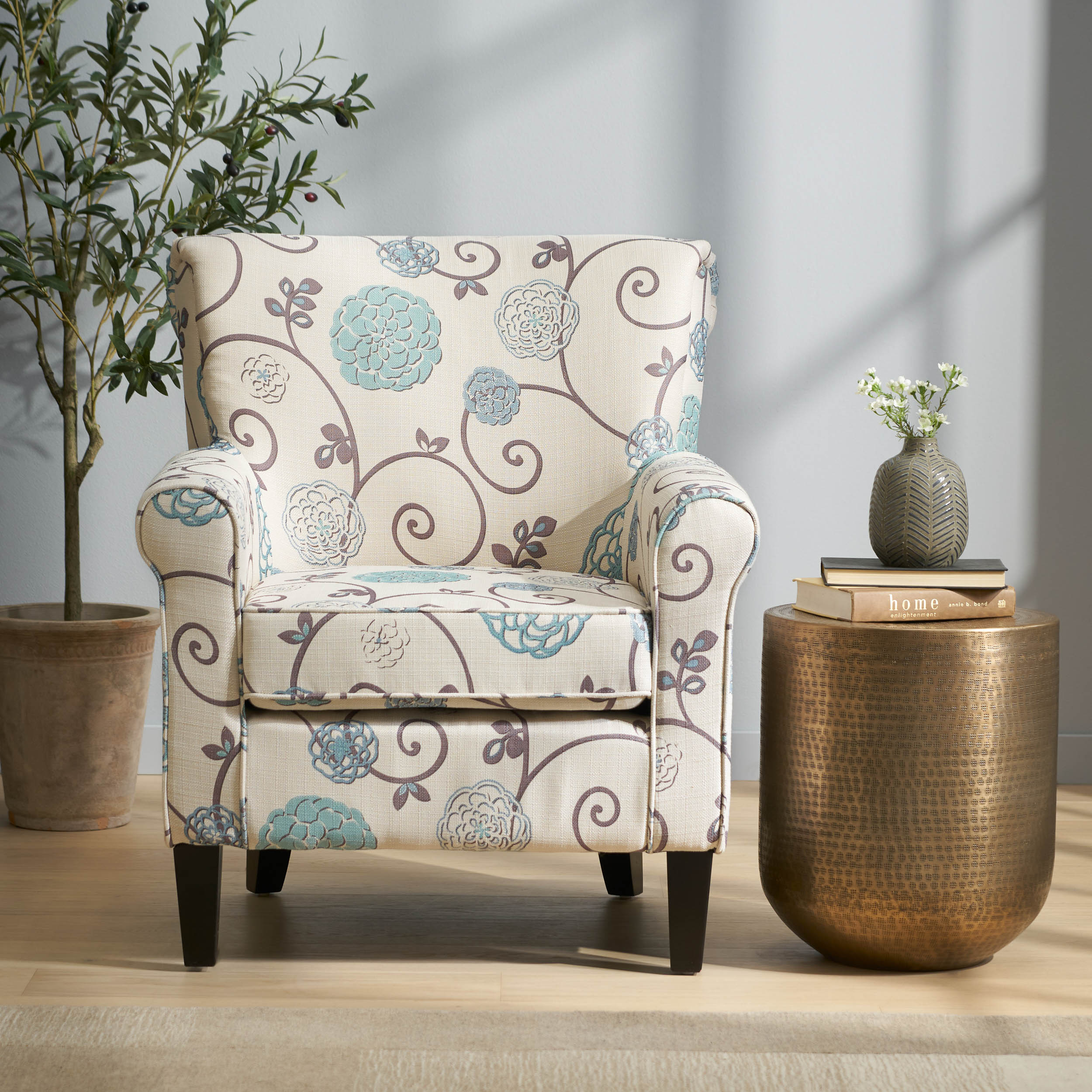 Floral Cottage Core Blue Floral Print Fabric Upholstered Accent Chair