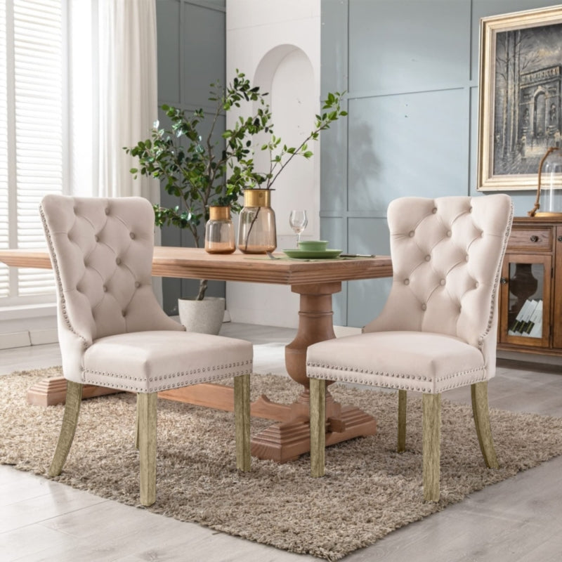 AADEN 2x Fabric Dining chairs with Wooden legs, Rings and Studs