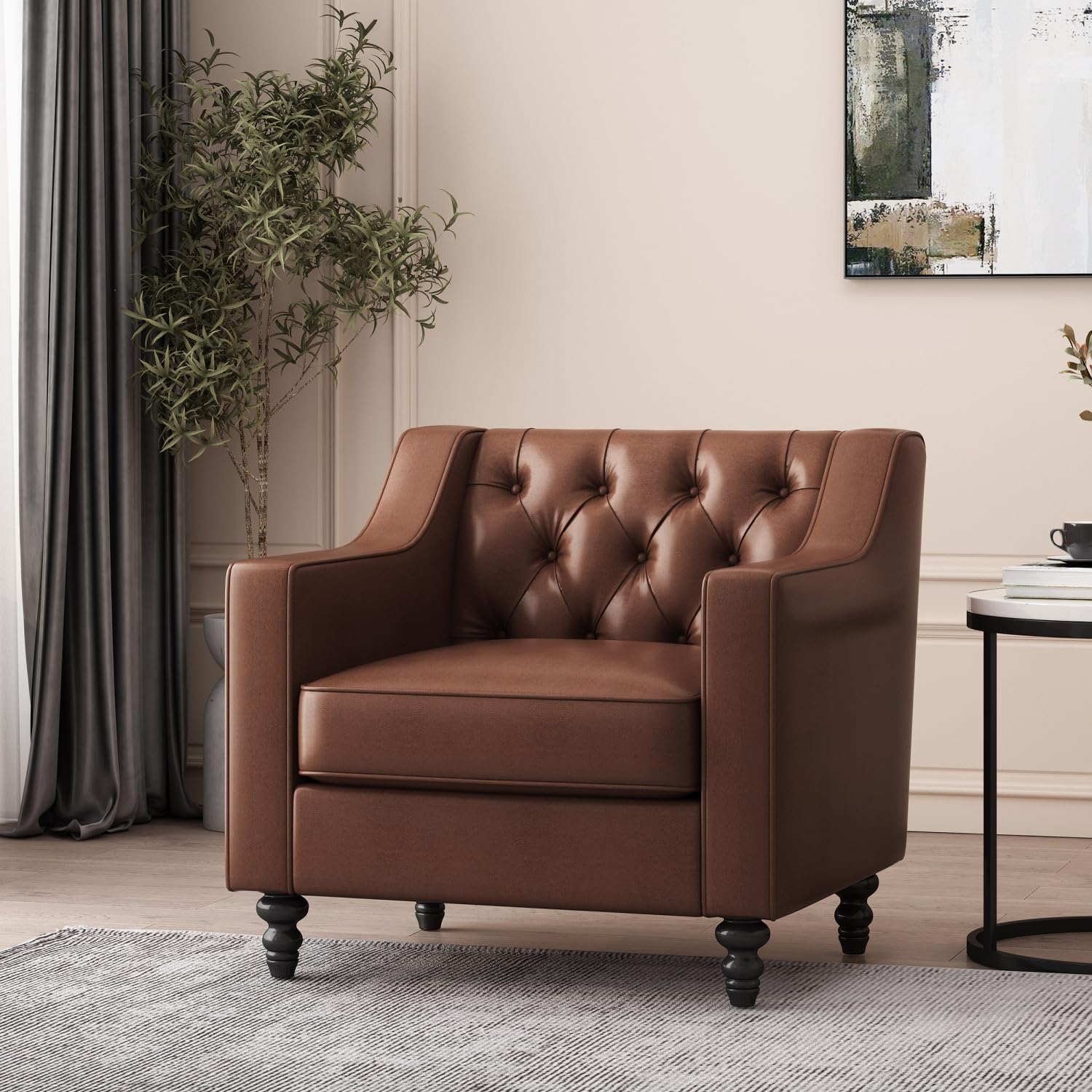 Modern Light Brown/Brown Ergonomic PU Leather Button-Tufted Club Chair
