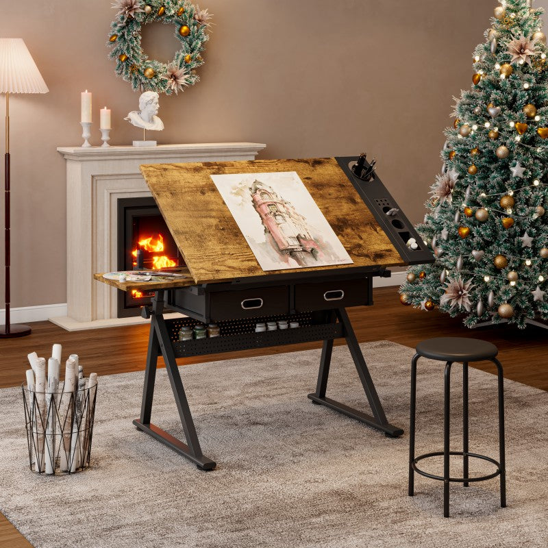Adjustable drafting table with 2 drawers for home office and school