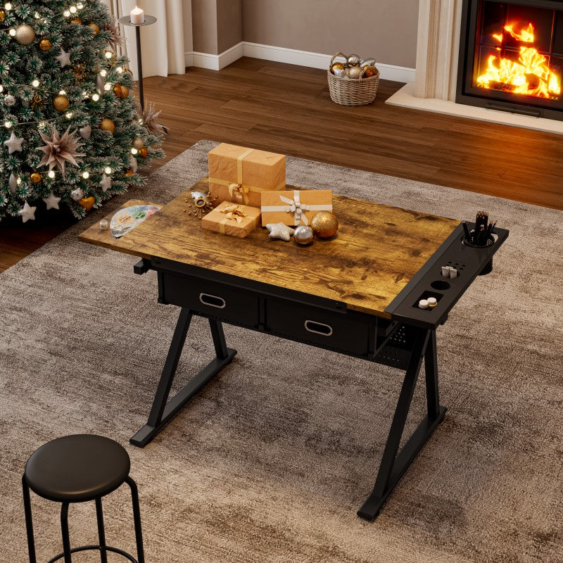 Adjustable drafting table with 2 drawers for home office and school