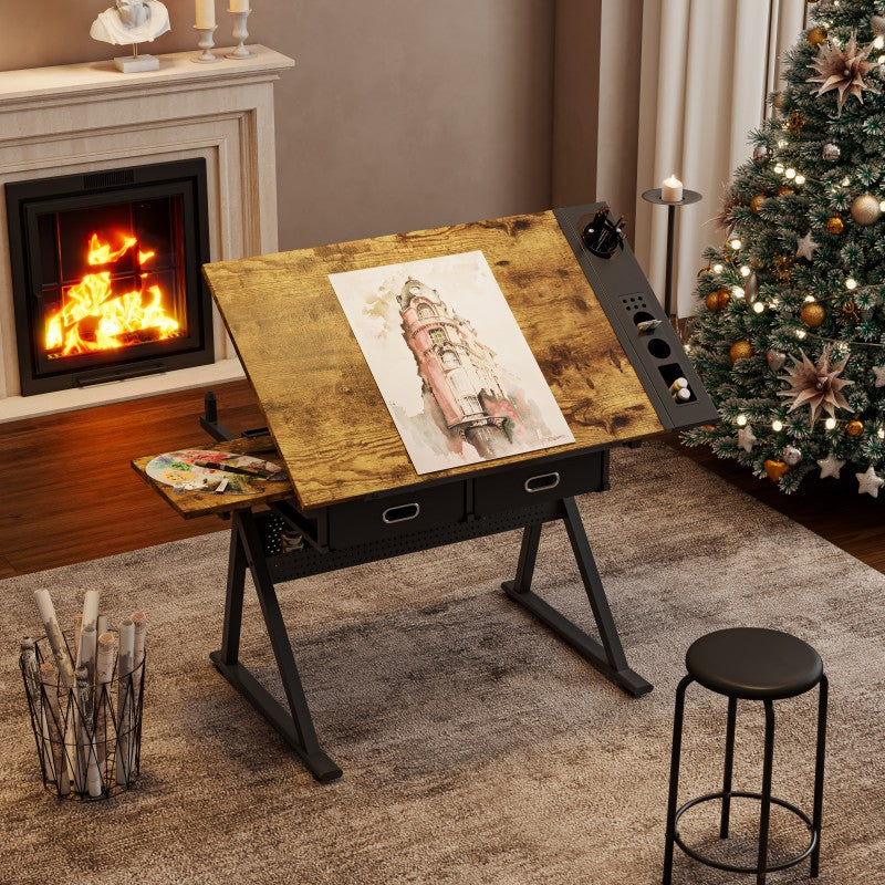 Adjustable drafting table with 2 drawers for home office and school