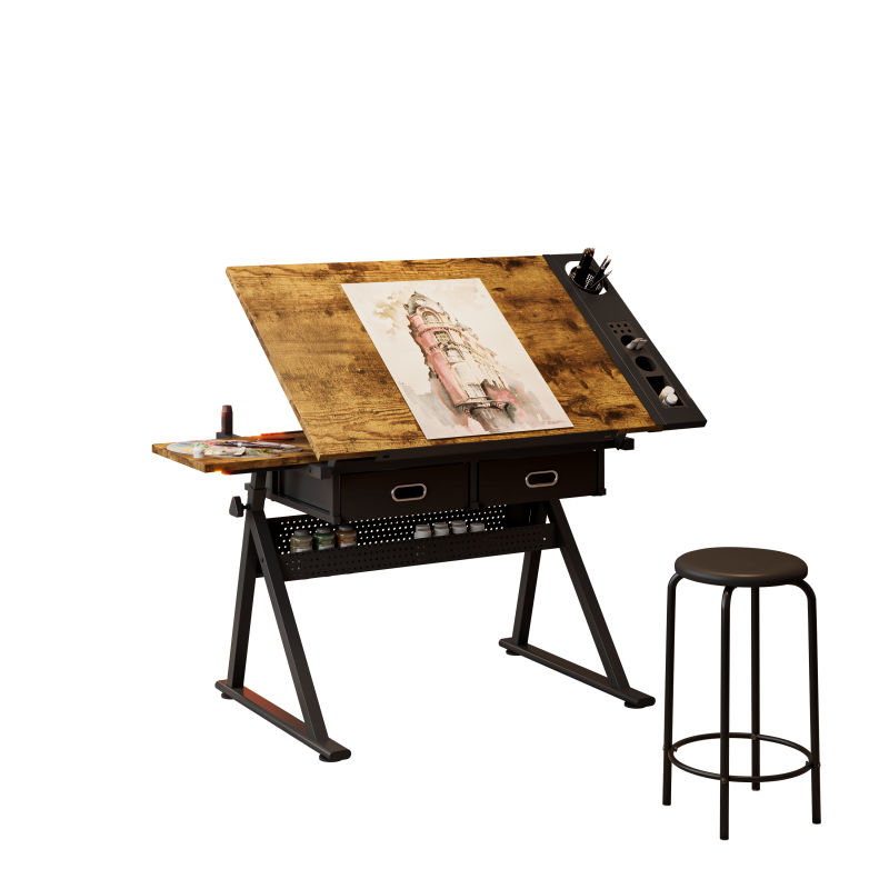 Adjustable drafting table with 2 drawers for home office and school
