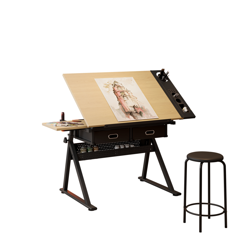 Adjustable drafting table with 2 drawers for home office and school