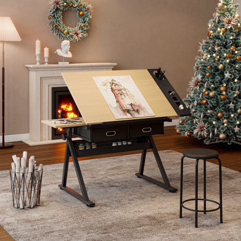 Adjustable drafting table with 2 drawers for home office and school