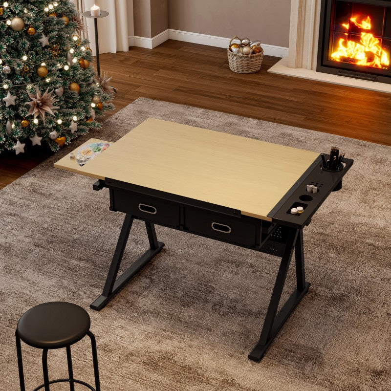 Adjustable drafting table with 2 drawers for home office and school