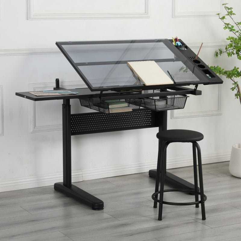 Hand-crank adjustable drawing table with 2 metal drawers and 1 chair