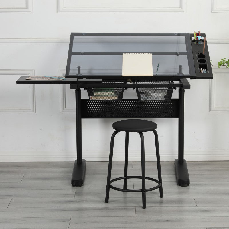 Hand-crank adjustable drawing table with 2 metal drawers and 1 chair