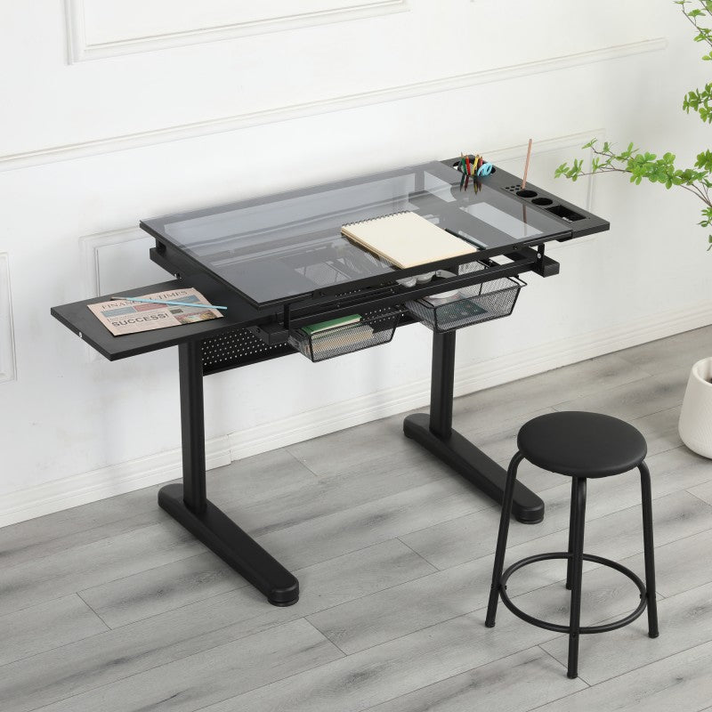 Hand-crank adjustable drawing table with 2 metal drawers and 1 chair