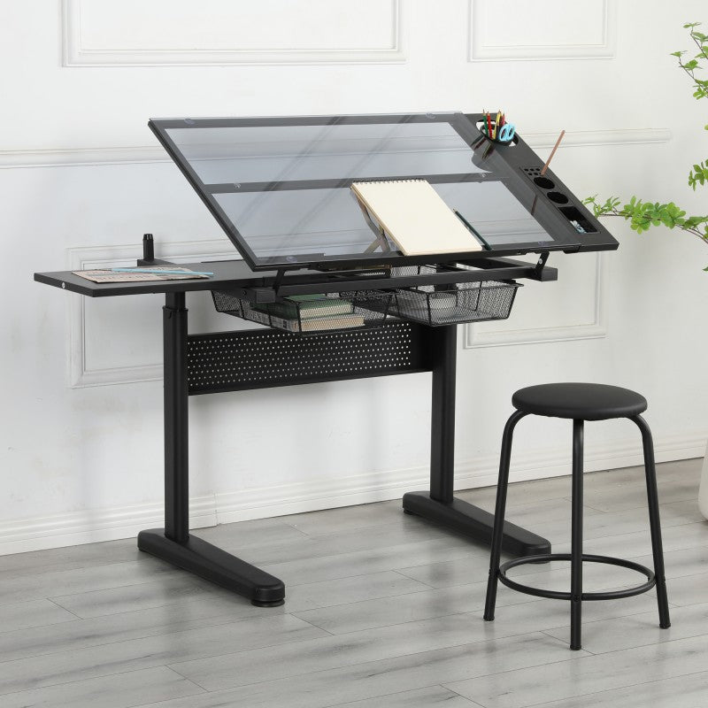 Hand-crank adjustable drawing table with 2 metal drawers and 1 chair