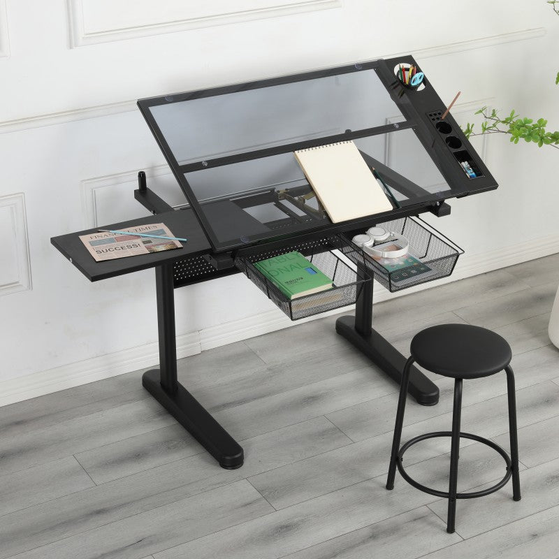 Hand-crank adjustable drawing table with 2 metal drawers and 1 chair