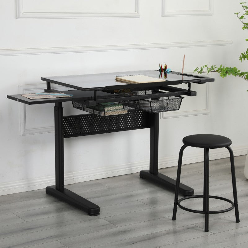 Hand-crank adjustable drawing table with 2 metal drawers and 1 chair