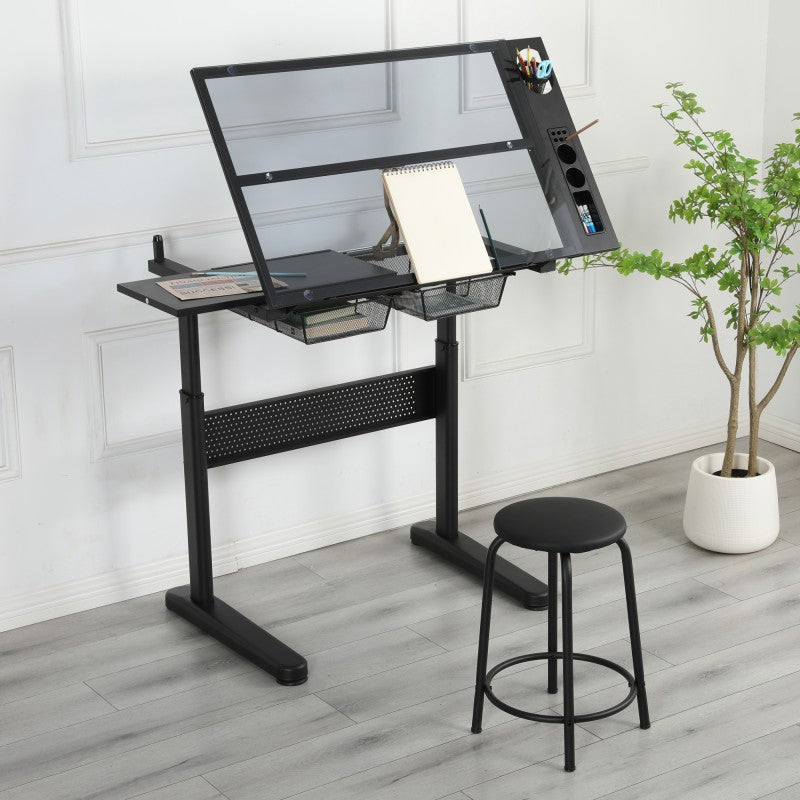 Hand-crank adjustable drawing table with 2 metal drawers and 1 chair