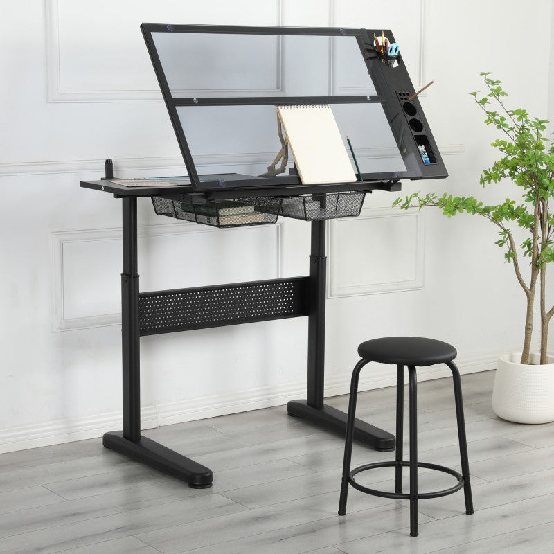 Hand-crank adjustable drawing table with 2 metal drawers and 1 chair