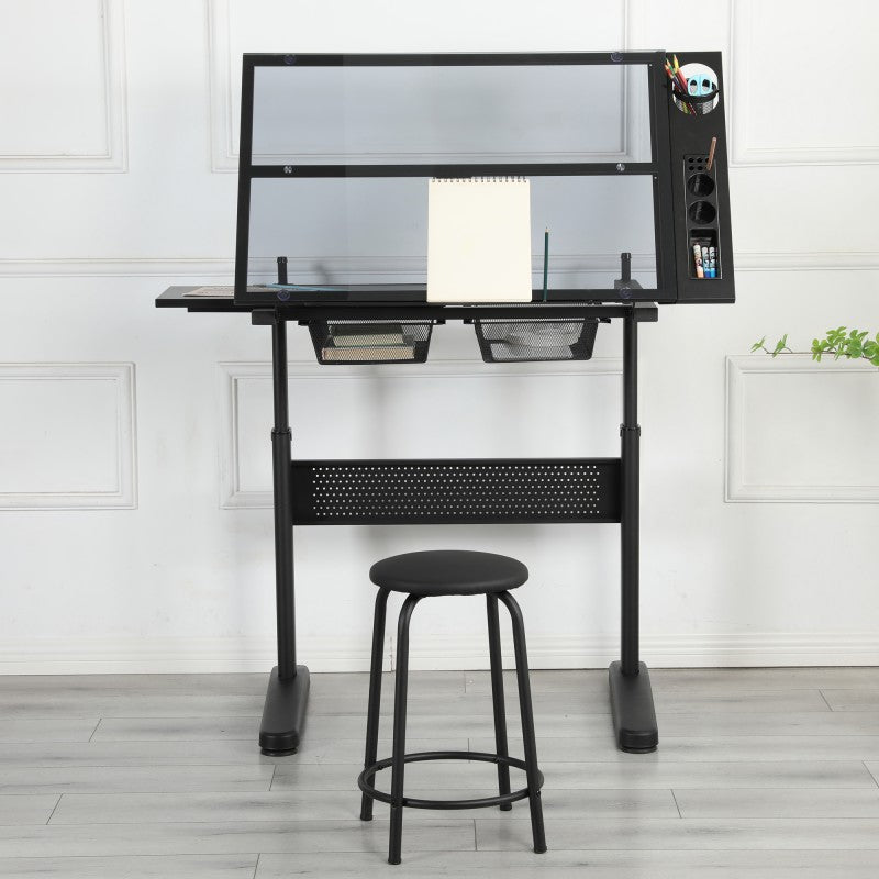 Hand-crank adjustable drawing table with 2 metal drawers and 1 chair