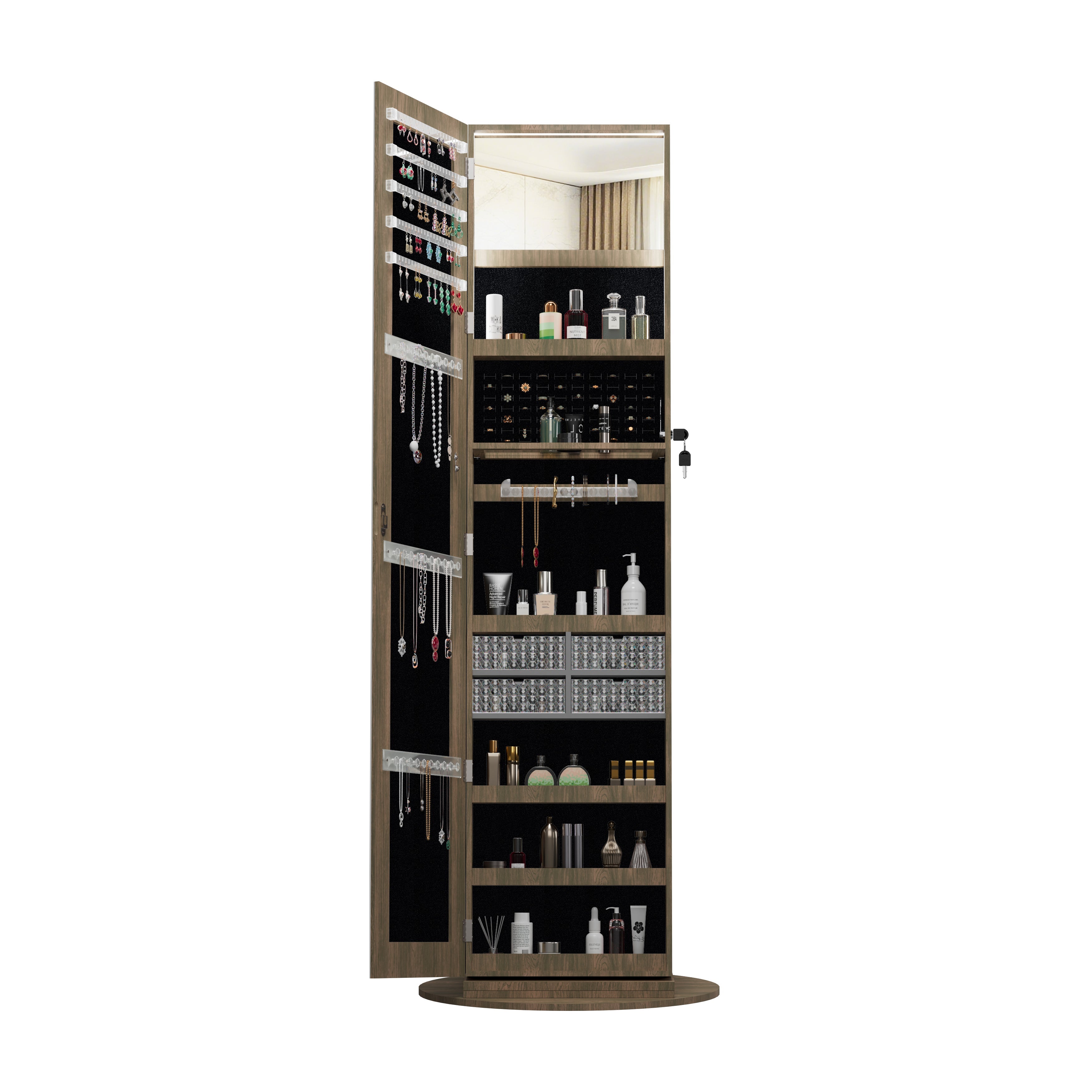 360° Lockable rotating jewelry cabinet with Full Length Mirror