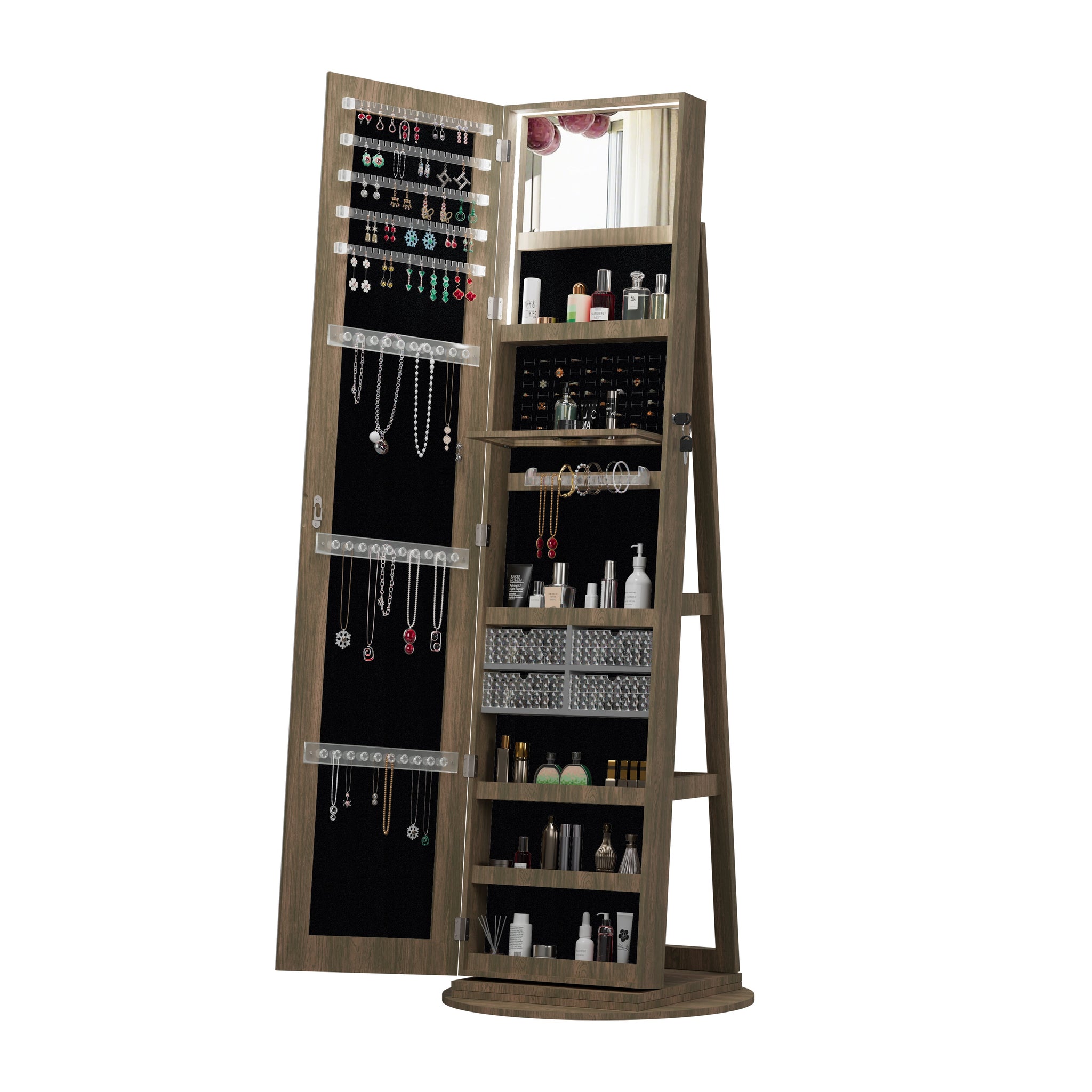 360° Lockable rotating jewelry cabinet with Full Length Mirror
