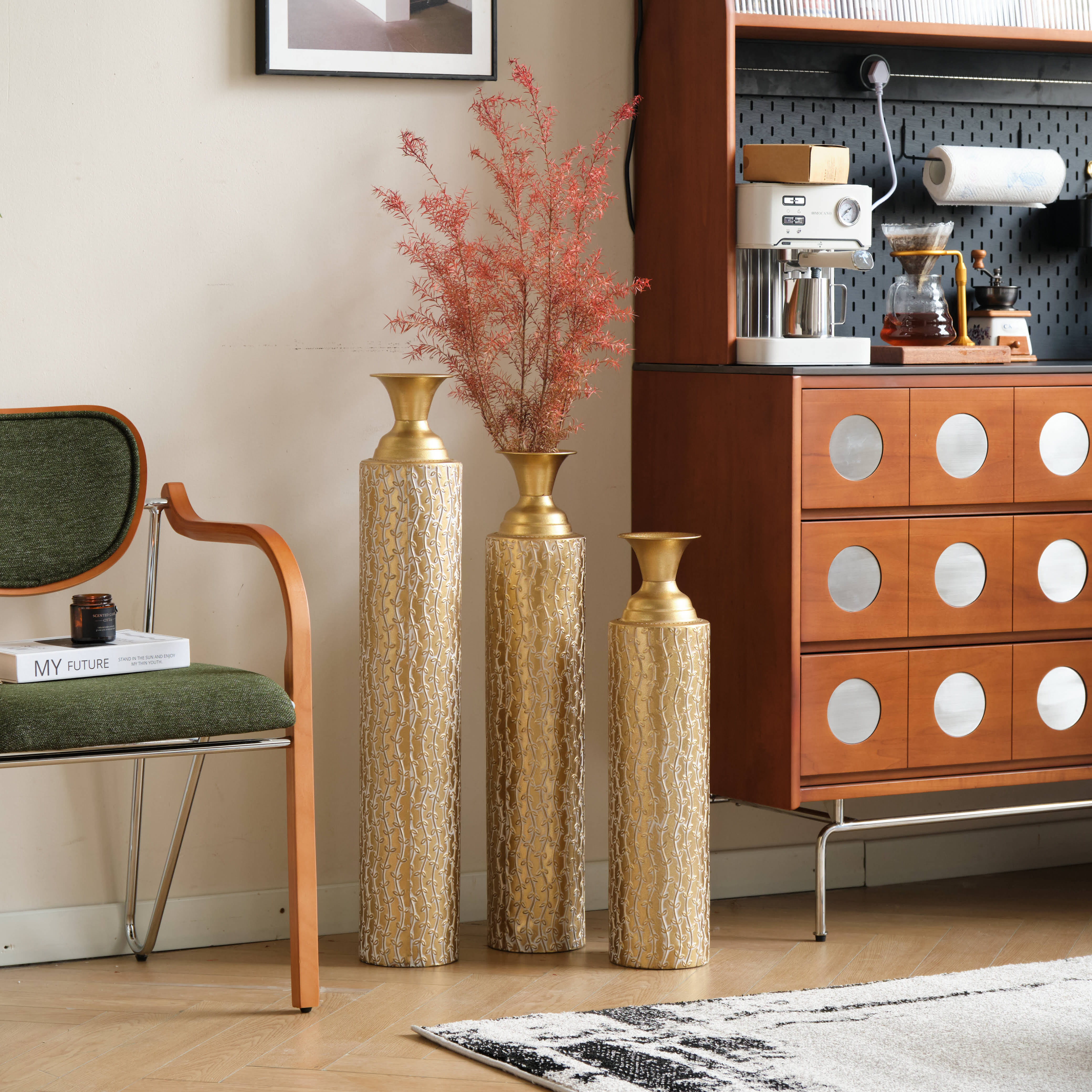 Set of 3metal decorative vases high distress with growing vine pattern