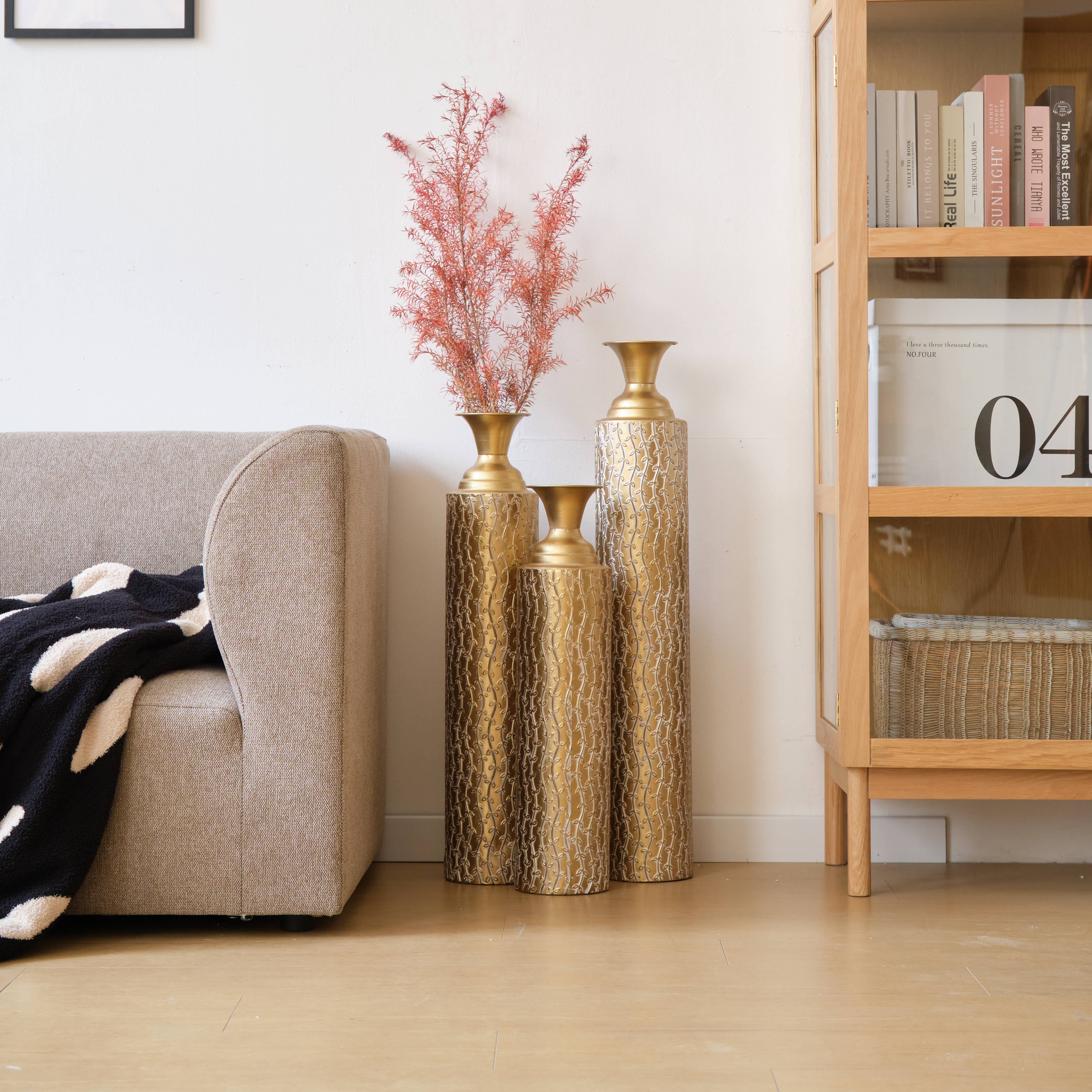 Set of 3metal decorative vases high distress with growing vine pattern