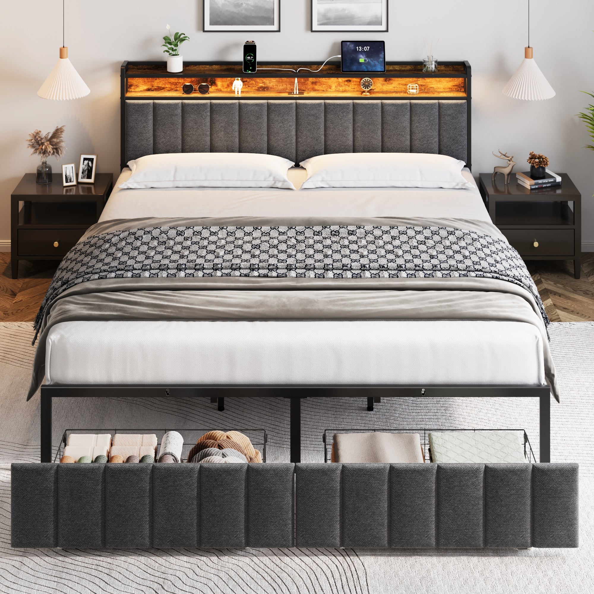 Upholstered Bed Frame with 2 Drawers, LED Lights Headboard