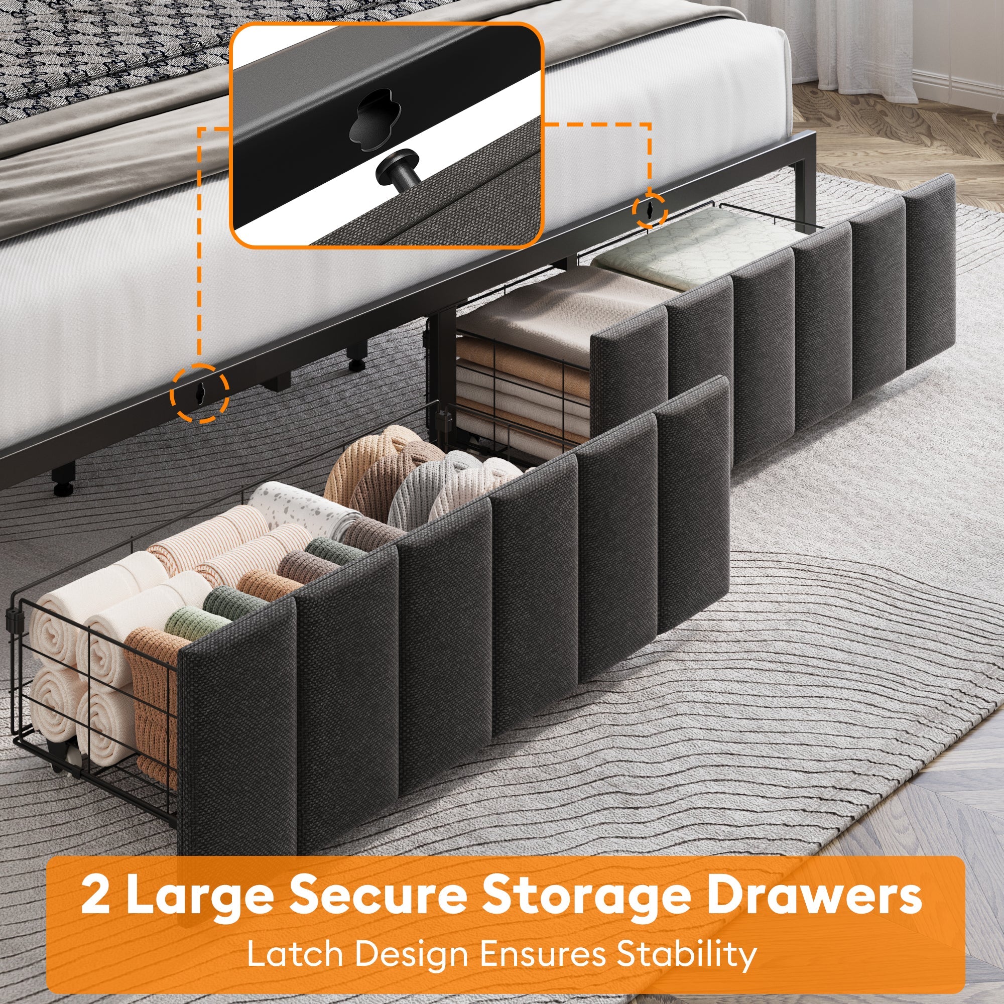 Upholstered Bed Frame with 2 Drawers, LED Lights Headboard