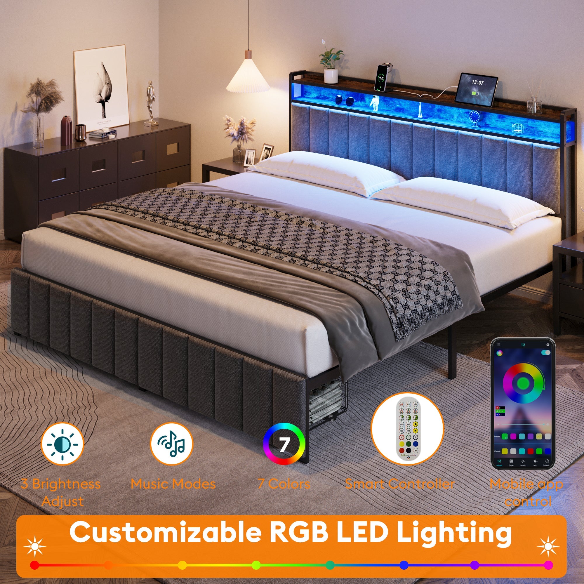 Upholstered Bed Frame with 2 Drawers, LED Lights Headboard