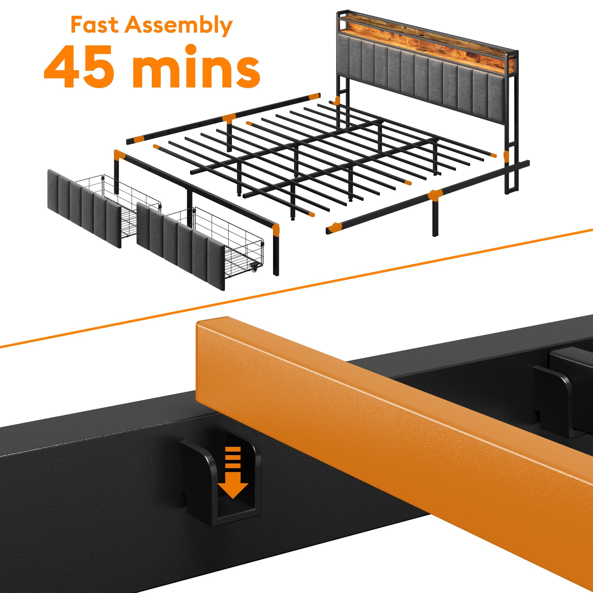 Upholstered Bed Frame with 2 Drawers, LED Lights Headboard