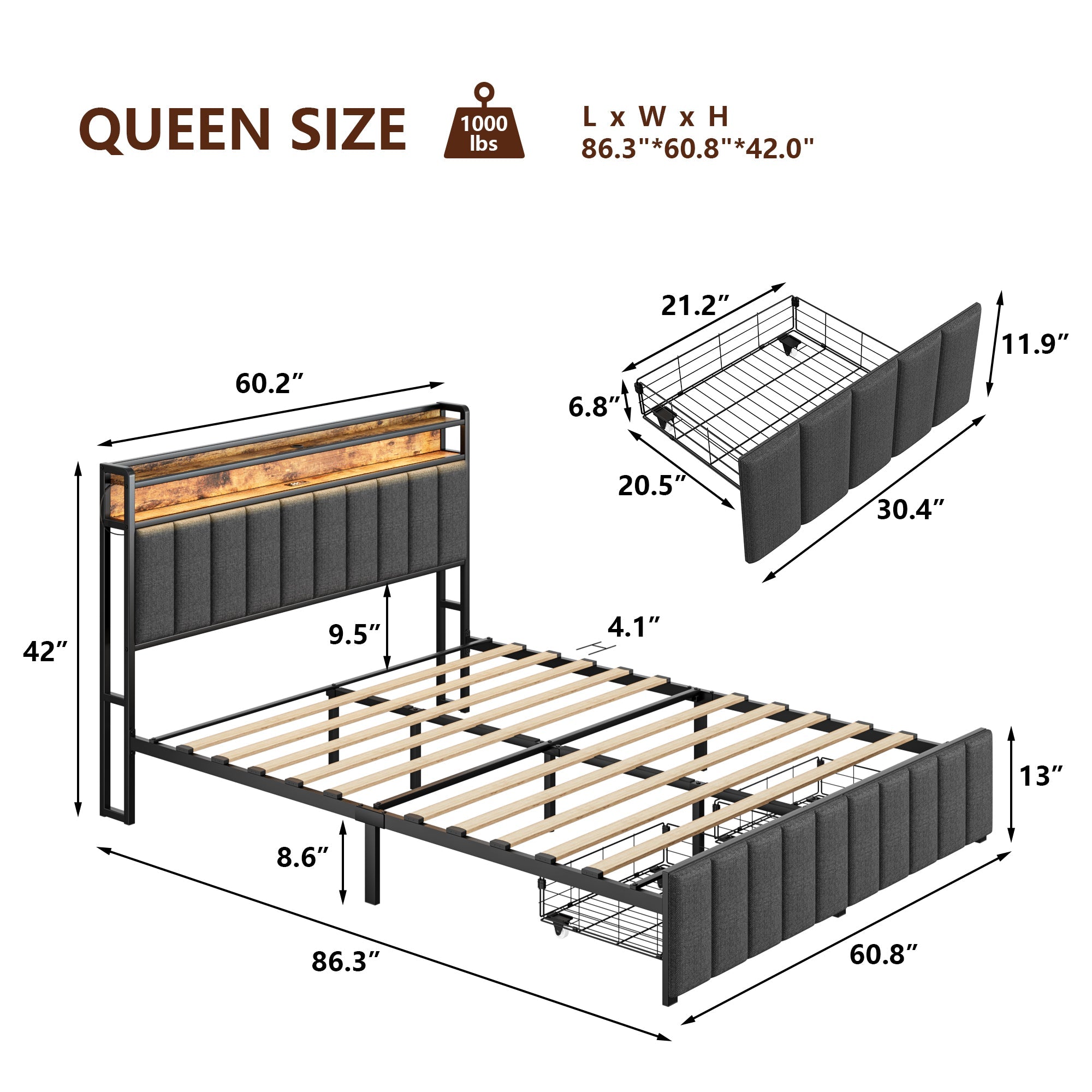 Upholstered Bed Frame with 2 Drawers, LED Lights Headboard