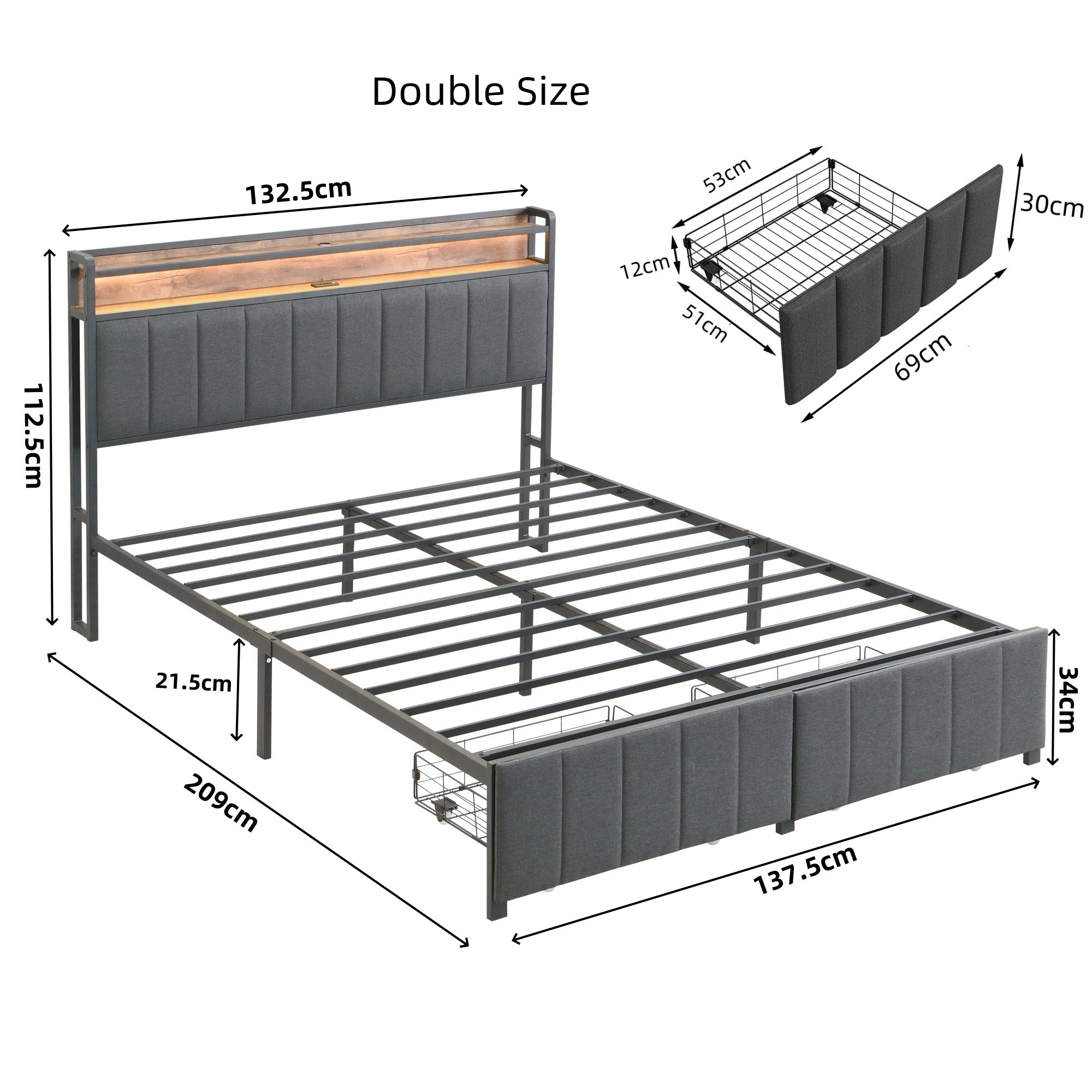 Upholstered Bed Frame with 2 Drawers, LED Lights Headboard