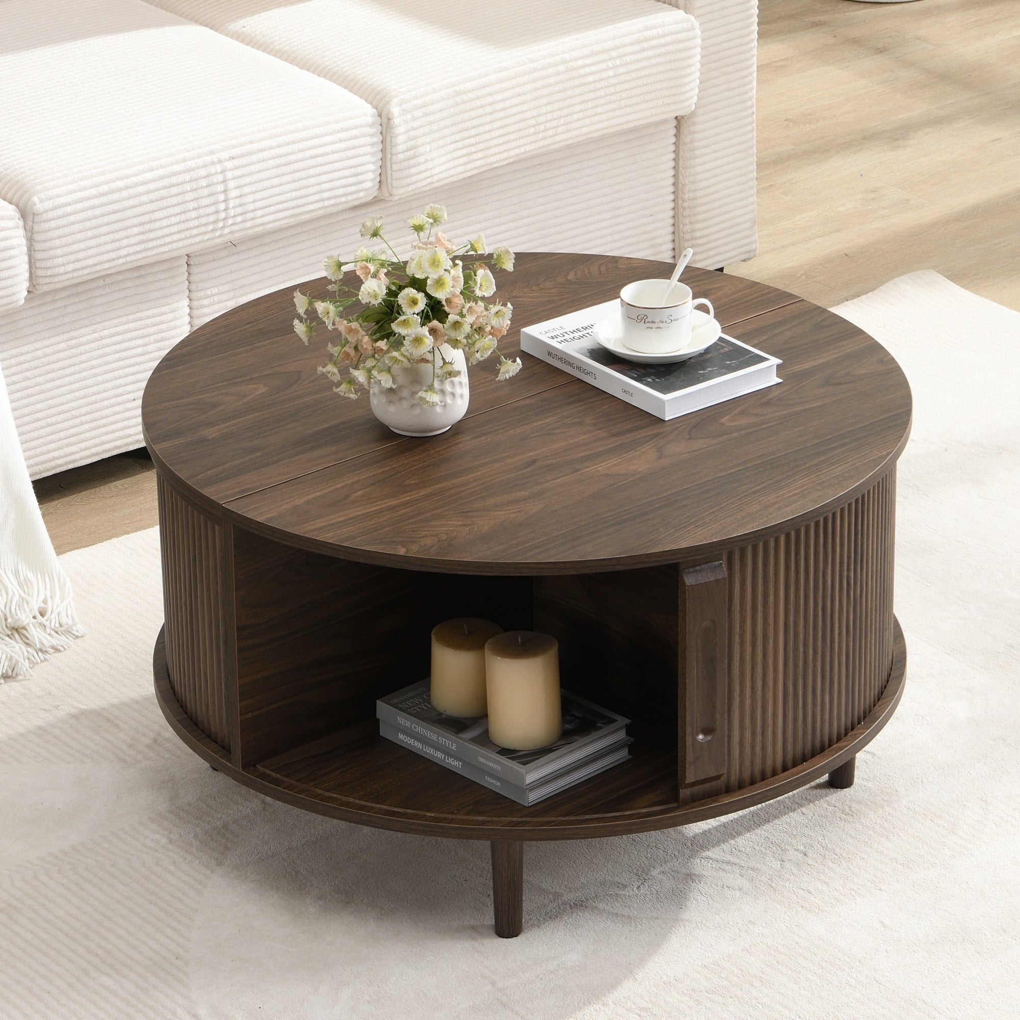 Storage Round Coffee Table, with Sliding Cabinet Door