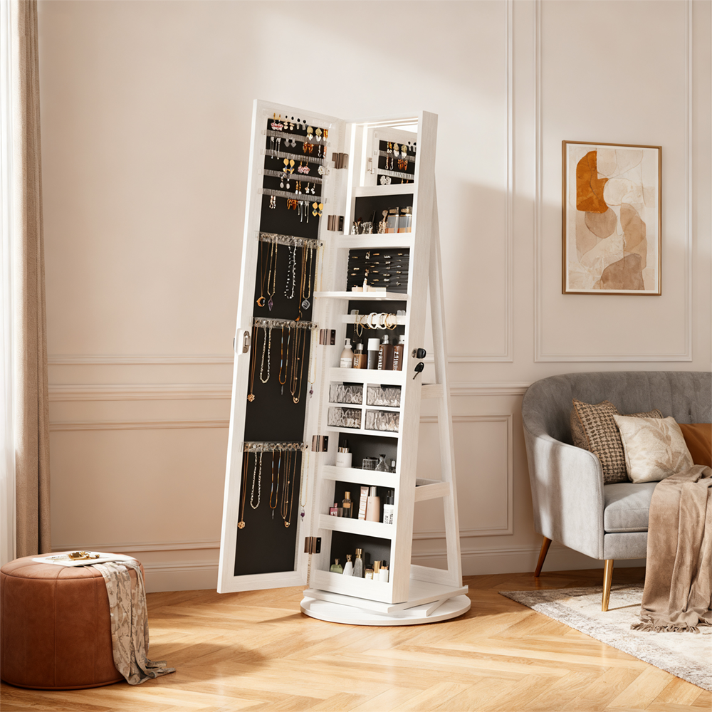 360° Lockable rotating jewelry cabinet with Full Length Mirror