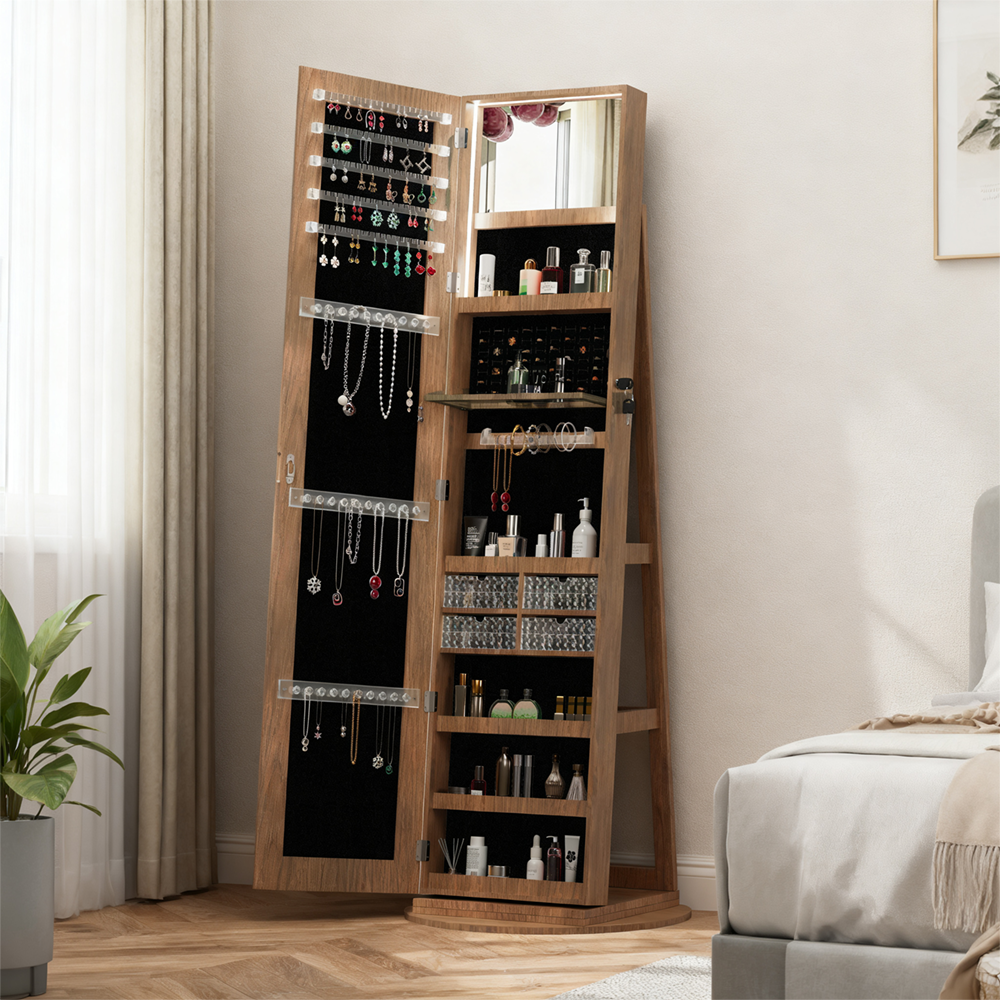 360° Lockable rotating jewelry cabinet with Full Length Mirror