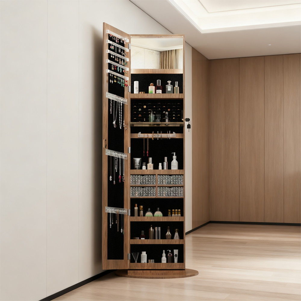 360° Lockable rotating jewelry cabinet with Full Length Mirror
