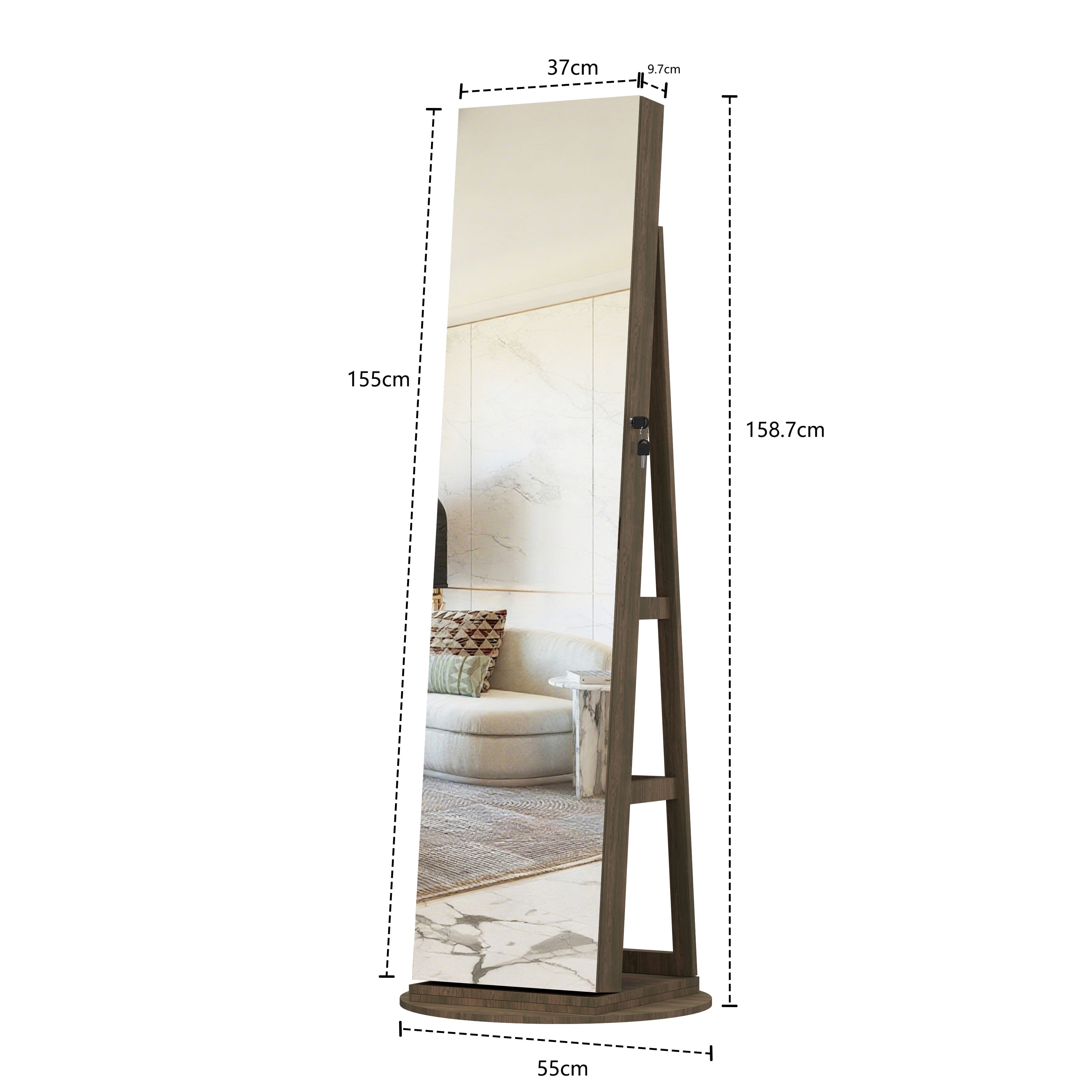 360° Lockable rotating jewelry cabinet with Full Length Mirror