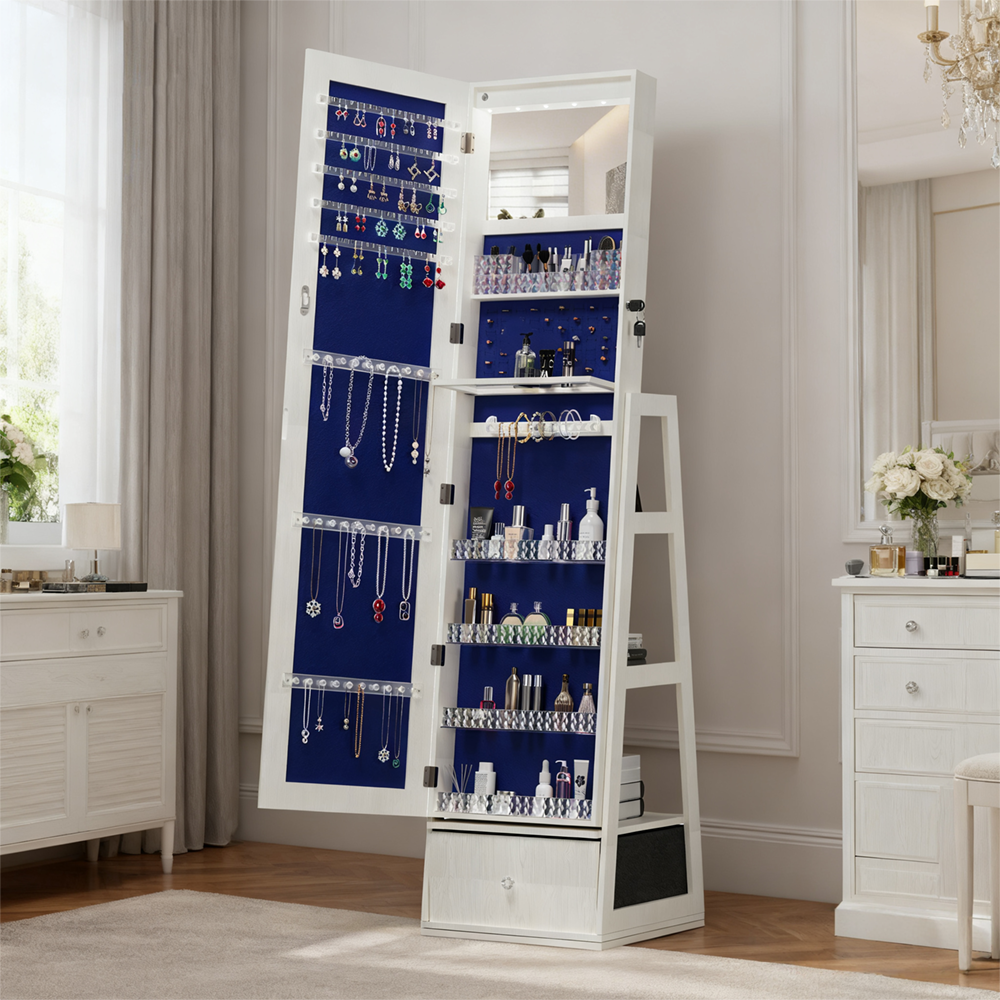 360°Swivel Jewelry Cabinet with Full Length Mirror Lockable Jewelry Storage Cabinet and Drawer