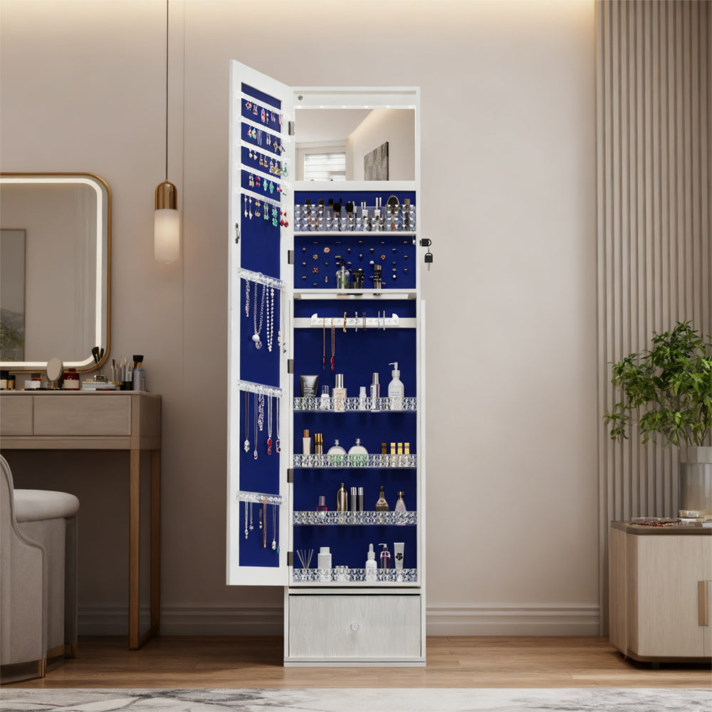 360°Swivel Jewelry Cabinet with Full Length Mirror Lockable Jewelry Storage Cabinet and Drawer