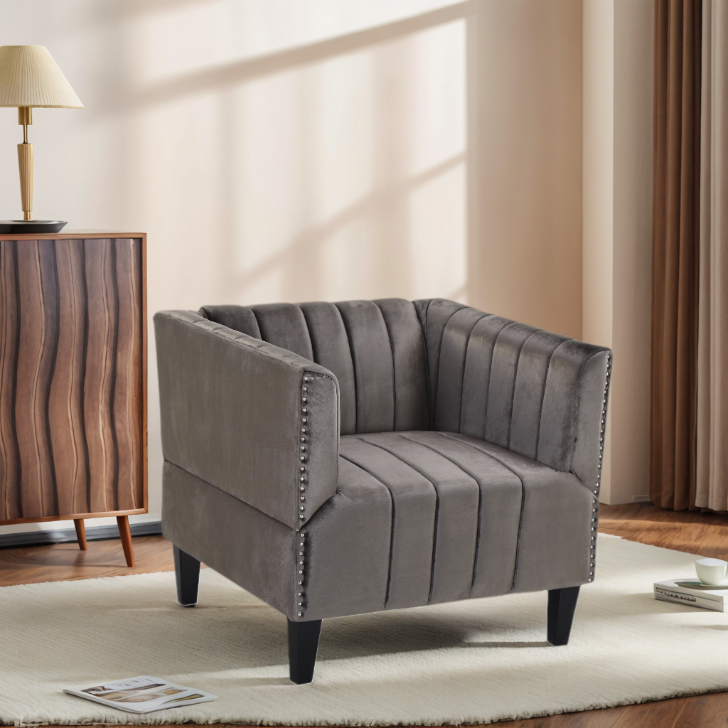 Classic Brown/Navy Blue Plush Velvet Upholstered Accent Chair
