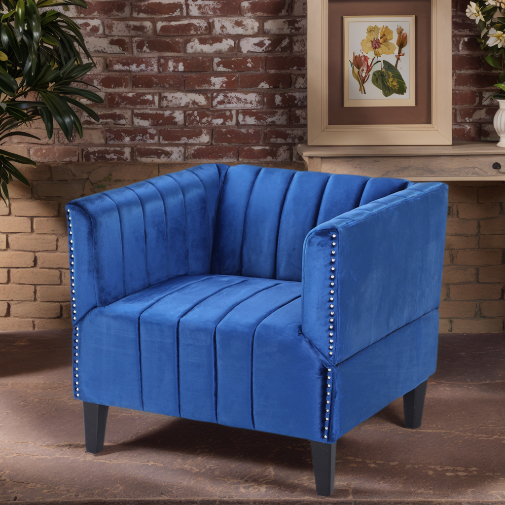 Classic Brown/Navy Blue Plush Velvet Upholstered Accent Chair