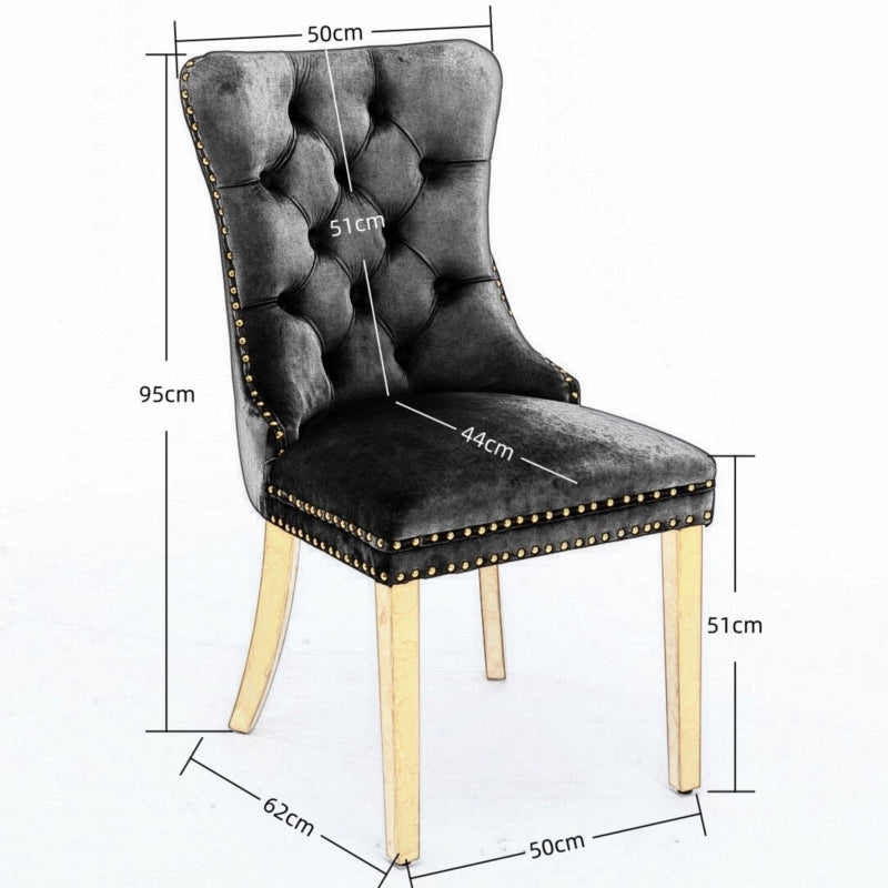 AADEN 2x Velvlet Dining chairs with Golden Metal Legs, Rings and Studs- Grey