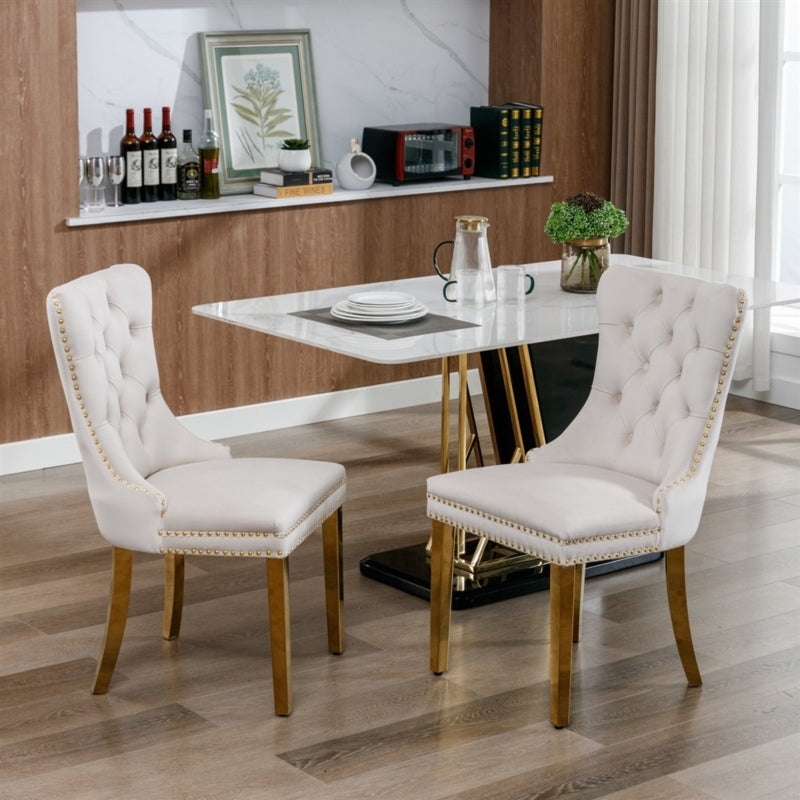 AADEN 2x Velvlet Dining chairs with Golden Metal Legs, Rings and Studs- Grey