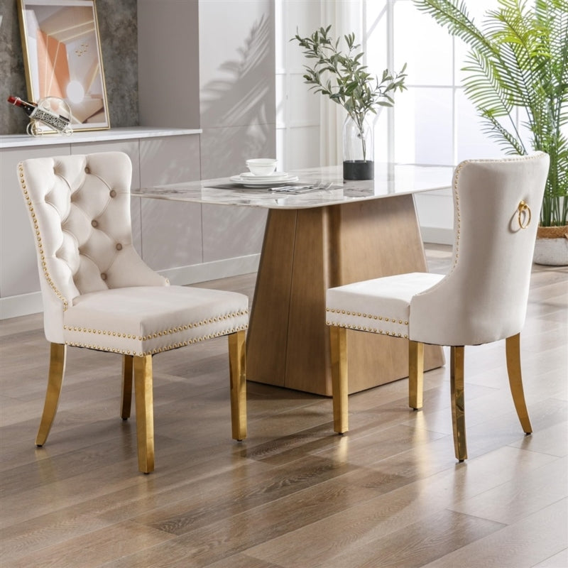 AADEN 2x Velvlet Dining chairs with Golden Metal Legs, Rings and Studs- Grey