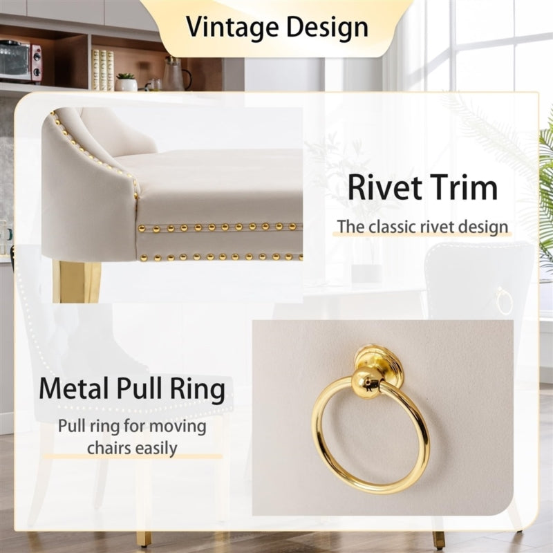 AADEN 2x Velvlet Dining chairs with Golden Metal Legs, Rings and Studs- Grey