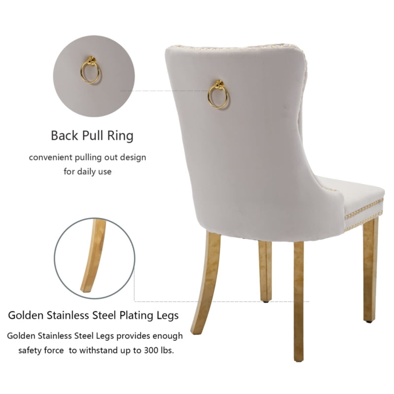 AADEN 2x Velvlet Dining chairs with Golden Metal Legs, Rings and Studs- Grey