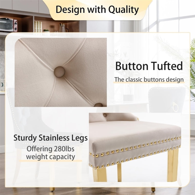 AADEN 2x Velvlet Dining chairs with Golden Metal Legs, Rings and Studs- Grey