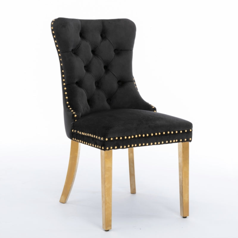 AADEN 2x Velvlet Dining chairs with Golden Metal Legs, Rings and Studs- Grey