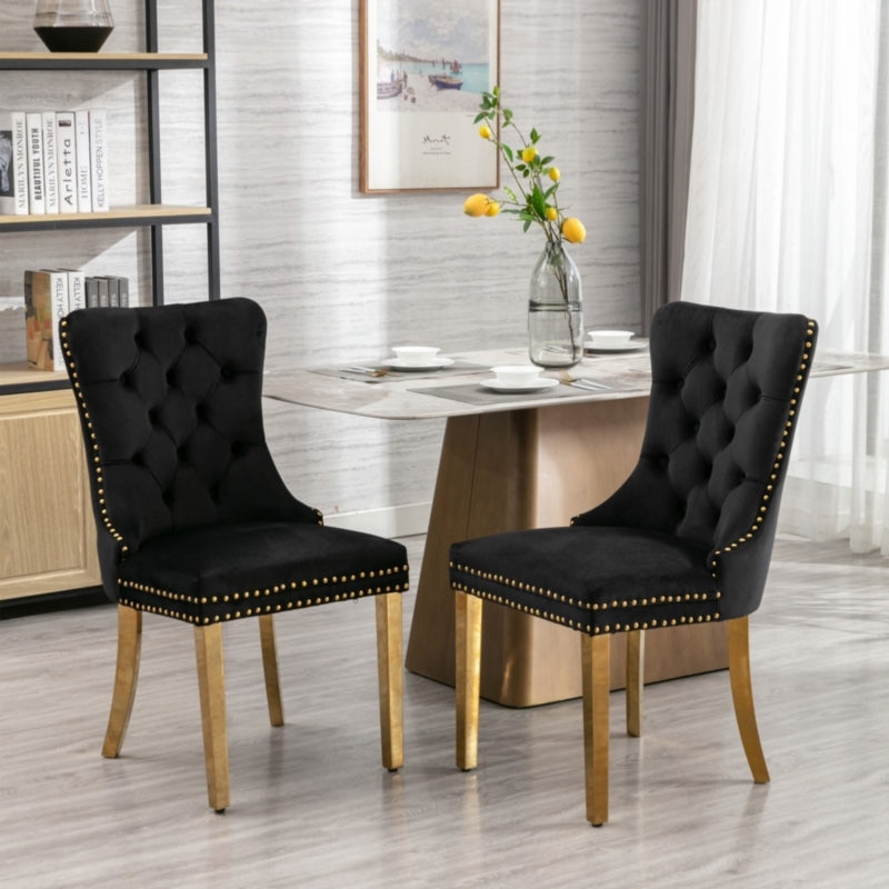 AADEN 2x Velvlet Dining chairs with Golden Metal Legs, Rings and Studs- Grey