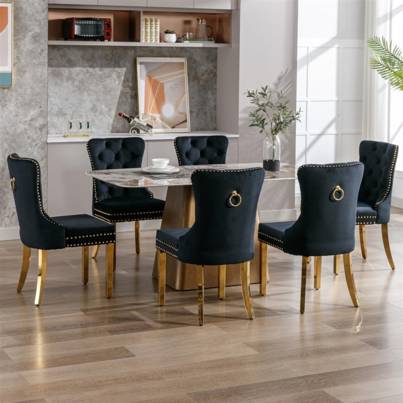 AADEN 2x Velvlet Dining chairs with Golden Metal Legs, Rings and Studs- Grey