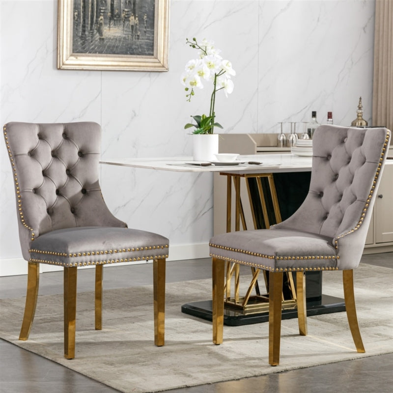 AADEN 2x Velvlet Dining chairs with Golden Metal Legs, Rings and Studs- Grey