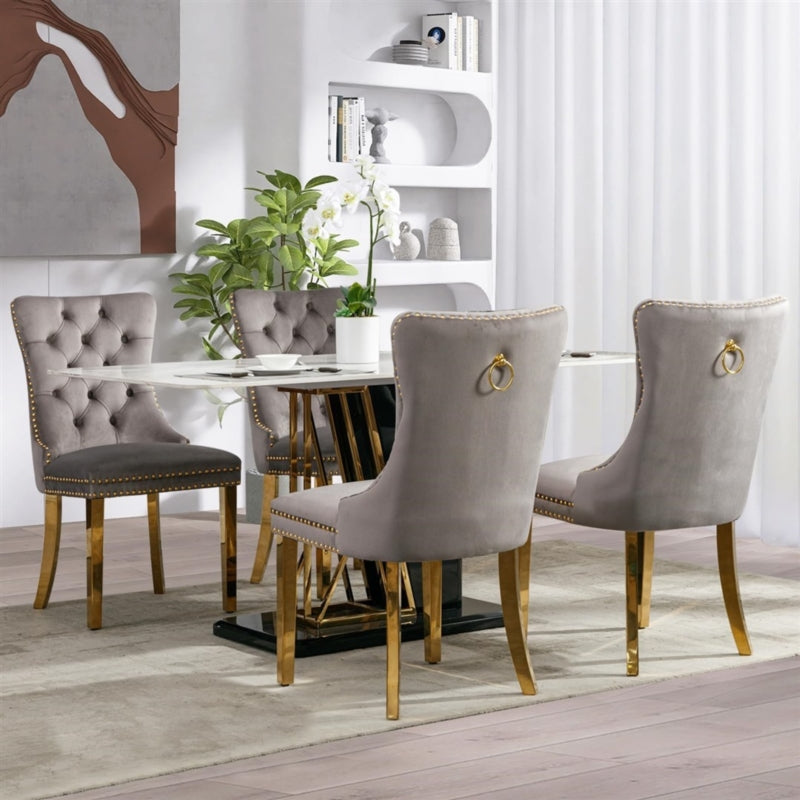 AADEN 2x Velvlet Dining chairs with Golden Metal Legs, Rings and Studs- Grey