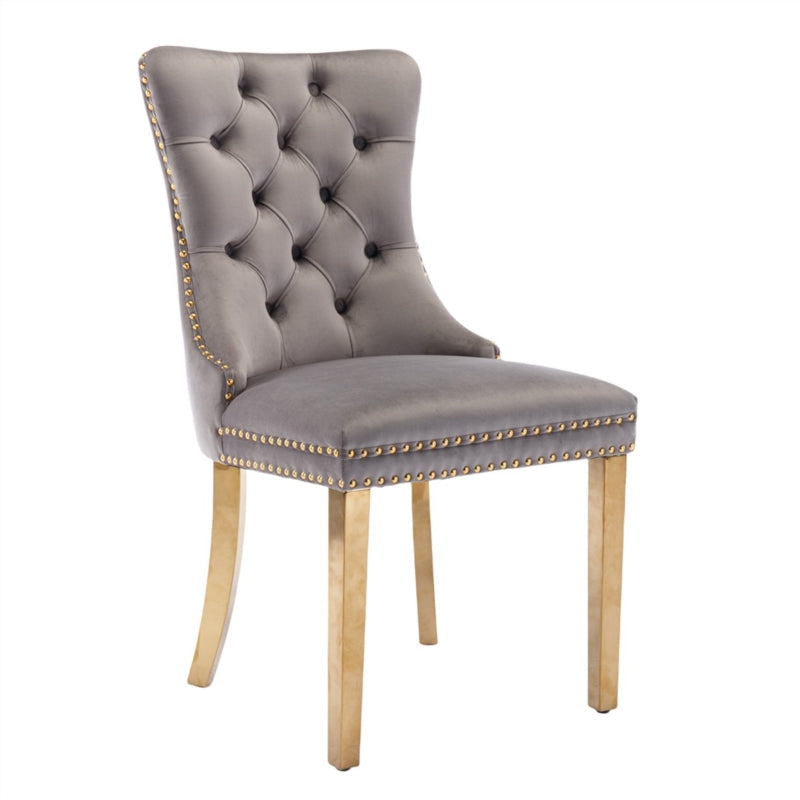 AADEN 2x Velvlet Dining chairs with Golden Metal Legs, Rings and Studs- Grey